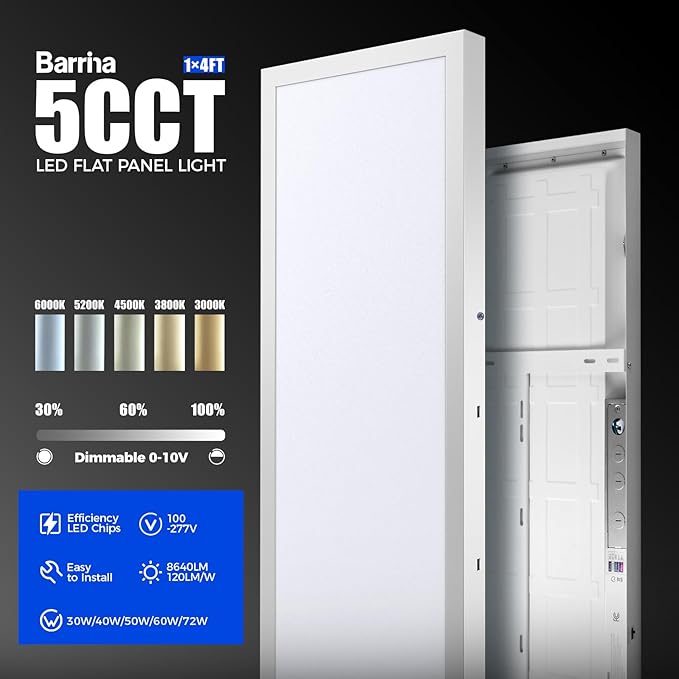 Barrina 1x4 LED Flat Panel Light Surface Mount, 8640LM 72W, 0-10V Dimmable