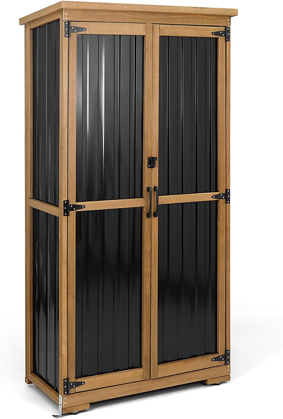 Outdoor Storage Cabinet, Wood & Metal Storage Shed with Weather-Resistant Roof, Removable Shelves, Lockable Doors, Outside Storage Tool Organizer for Garden, Patio, Backyard, Garage, Pool