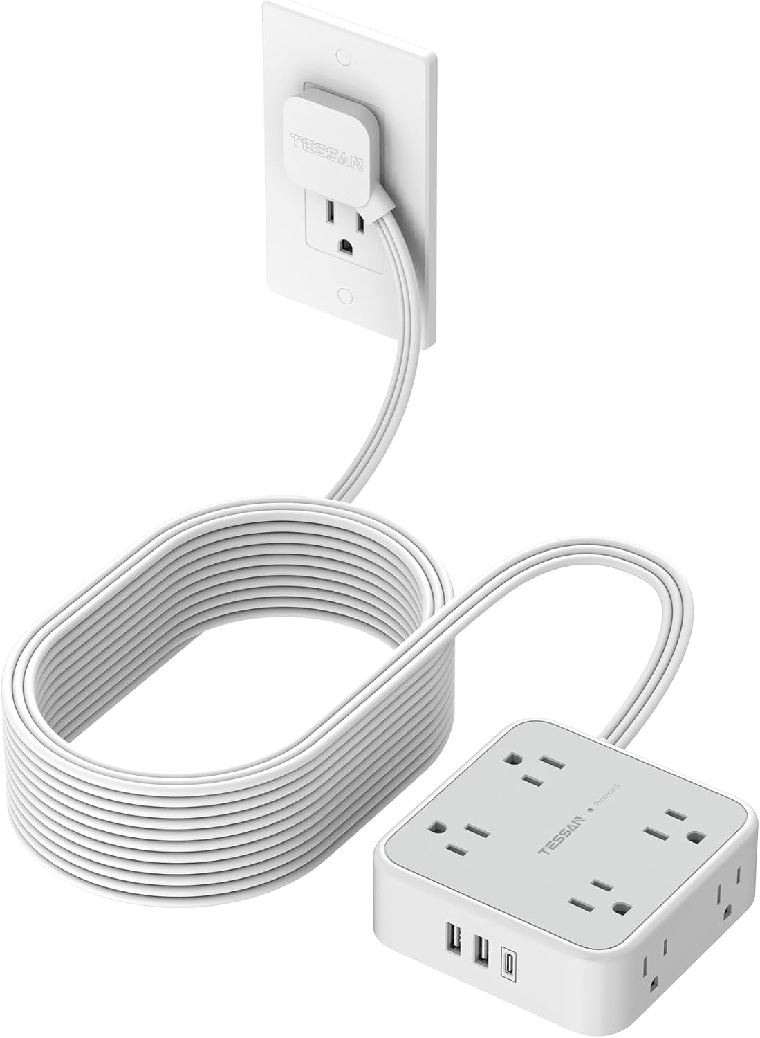 Flat Plug Long Extension Cord 25 Ft, TESSAN Power Strip Surge Protector