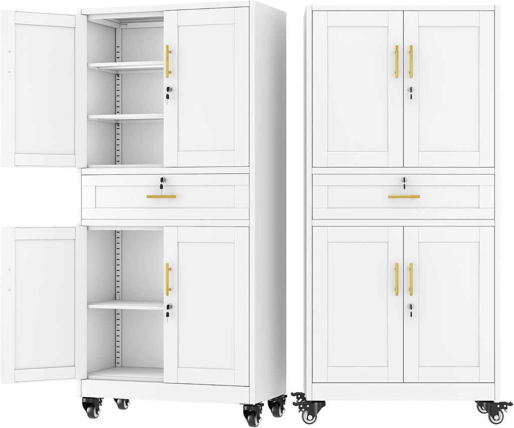 pozdeg 74" White Lockable Rolling Metal Garage Storage Cabinet
