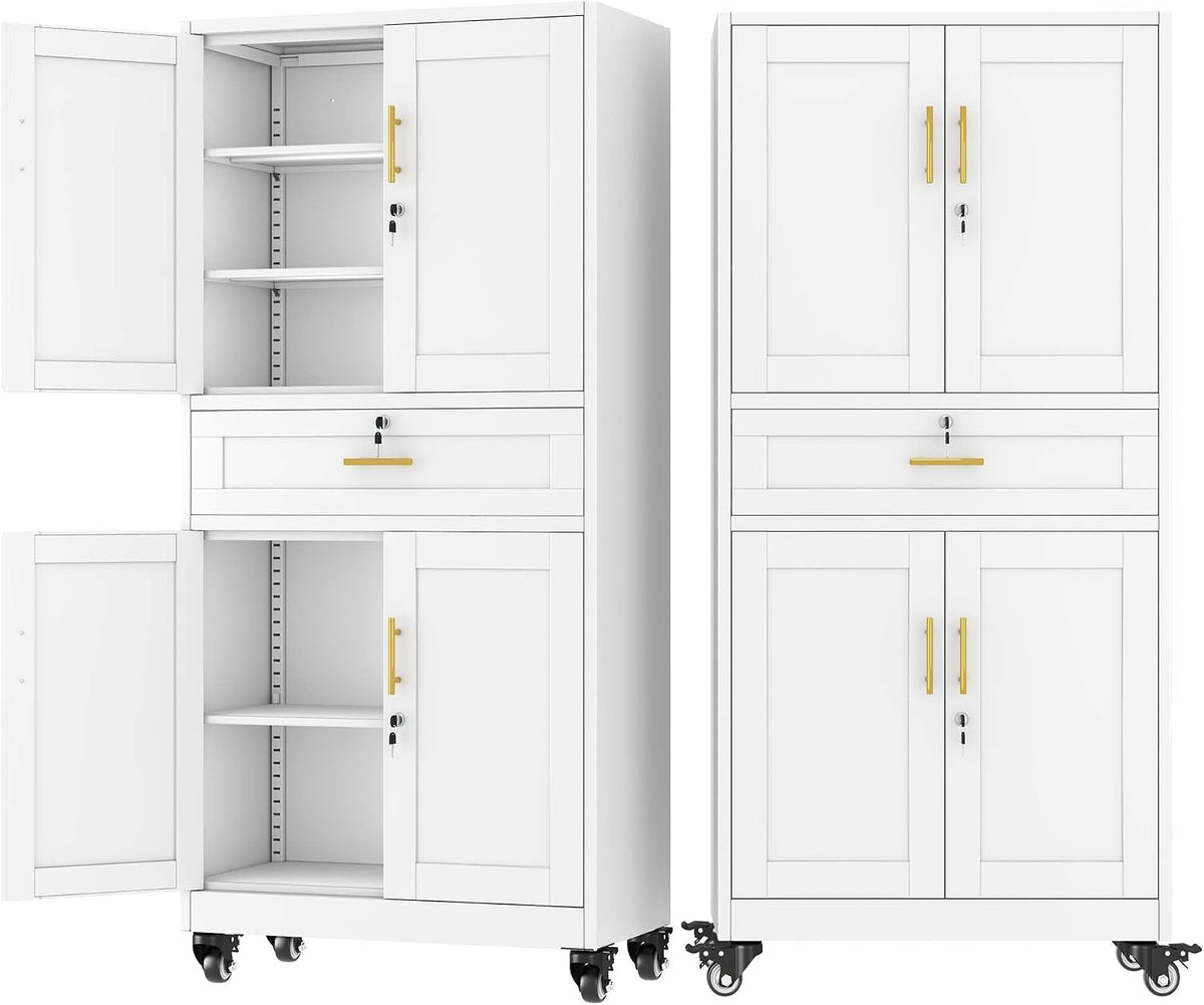 pozdeg 74" White Lockable Rolling Metal Garage Storage Cabinet