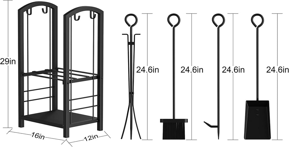 Fire Beauty Wrought Iron Firewood Log Rack with 4 Pcs Fireplace Tools Black