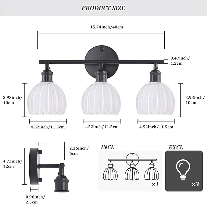 Shenmoyl Bathroom Light Fixtures, 3-Light Black Vanity Wall Light Over Mirror