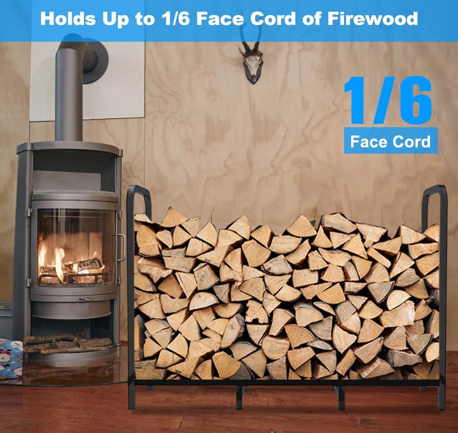 4ft Firewood Rack Holder, Adjustable Heavy Duty Fire Log Stacker Stand for Fireplace, Outdoor Indoor Metal Wood Pile Storage Organizer, Patio Logs Stand tool, Black