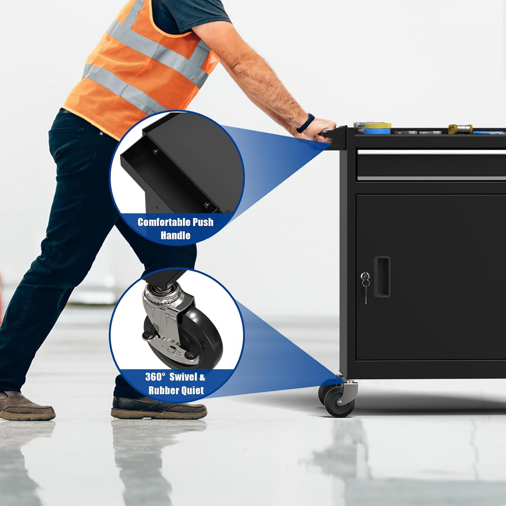 5-drawers black tool chest, 2-in-1 mechanic rolling tool showing dimensions
