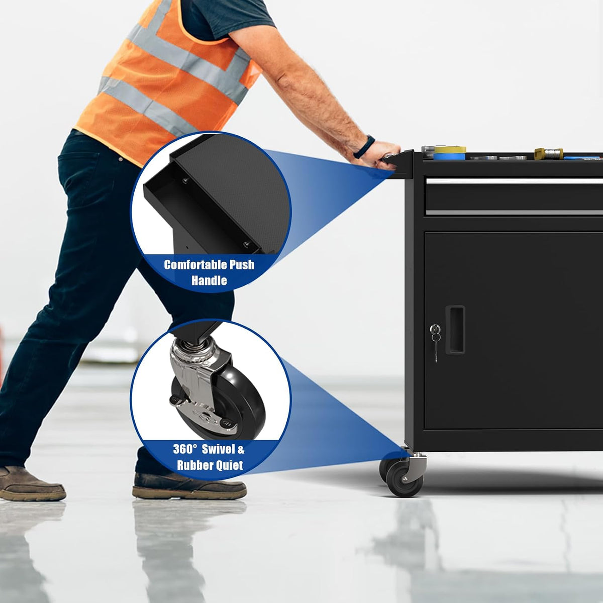 5-drawers black tool chest, 2-in-1 mechanic rolling tool showing dimensions
