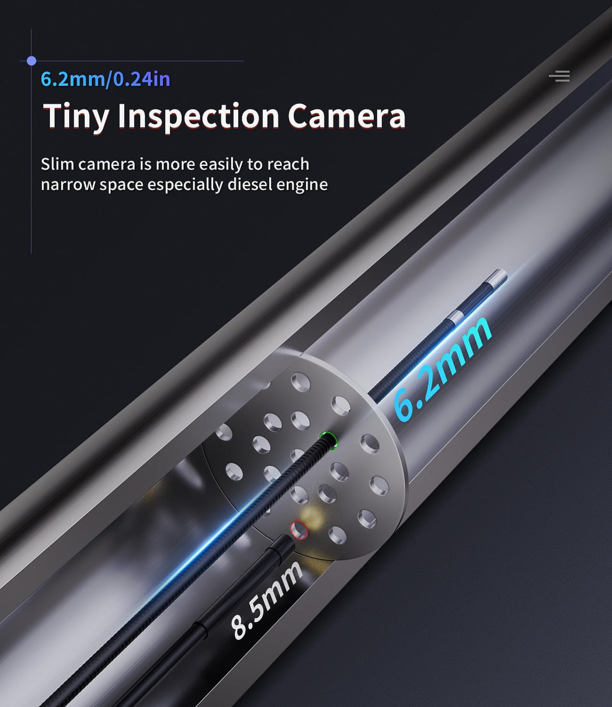 ralcam two-way articulating borescope with light, slim probe, close-up detail