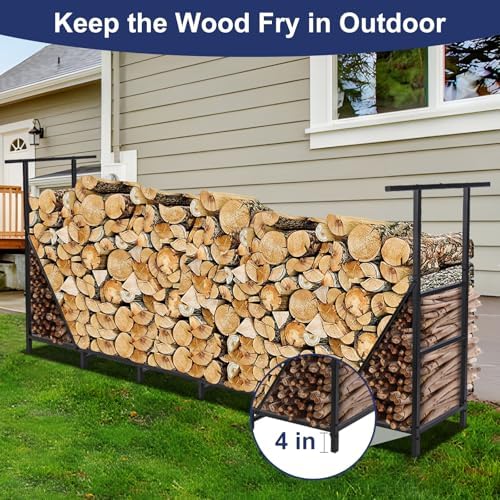 HONEST OUTFITTERS 8ft Firewood Rack Outdoor, Adjustable Heavy Duty Firewood Holder, Adjustable Wood Racks for Outdoor Indoor, Metal Log Racks for Firewood with Firewood Bag Carrier, Black