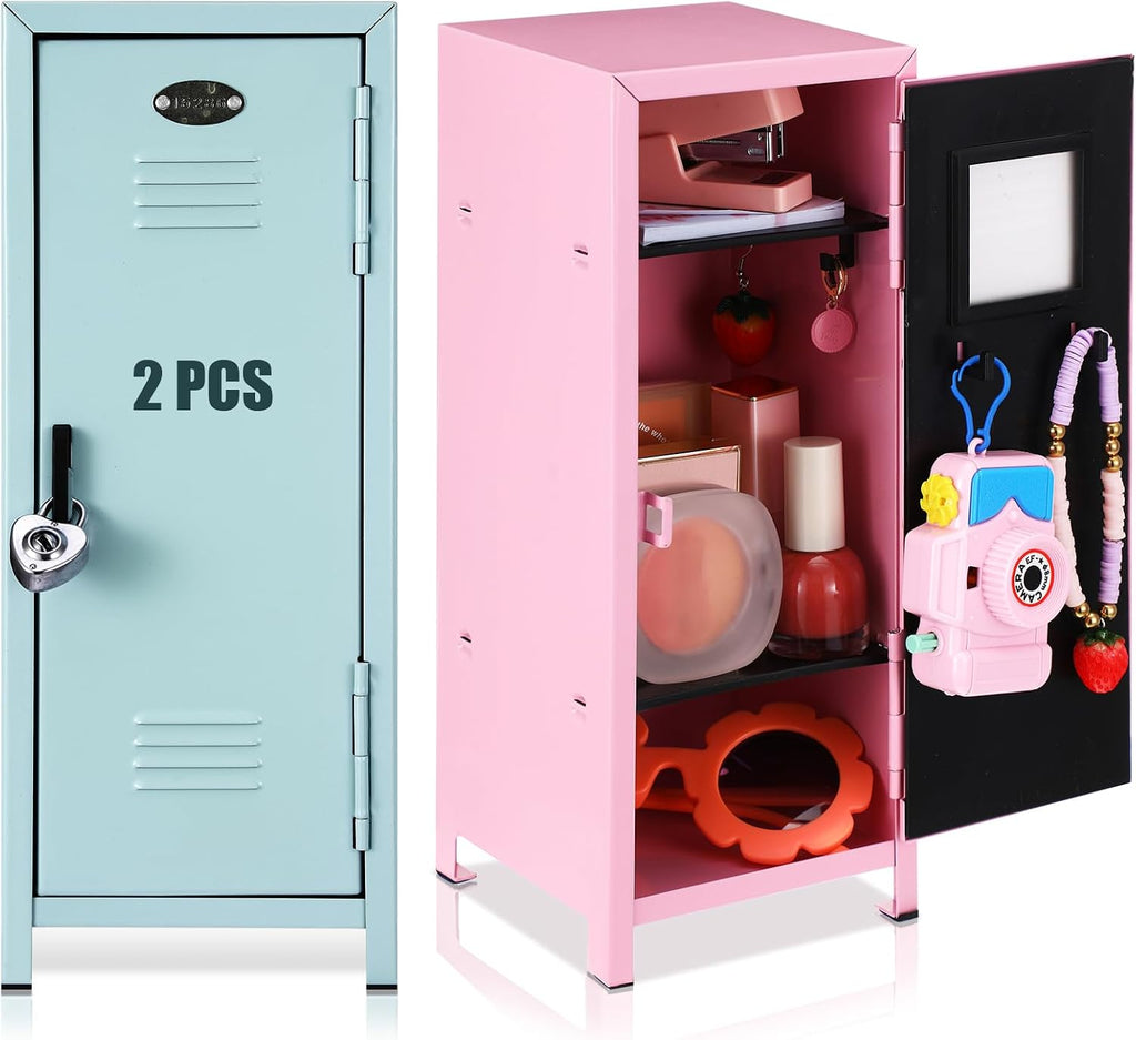 Vercraft 2 Pcs Mini Metal Locker with Lock, 10.8 Inch Safe Box, Pink Teal
