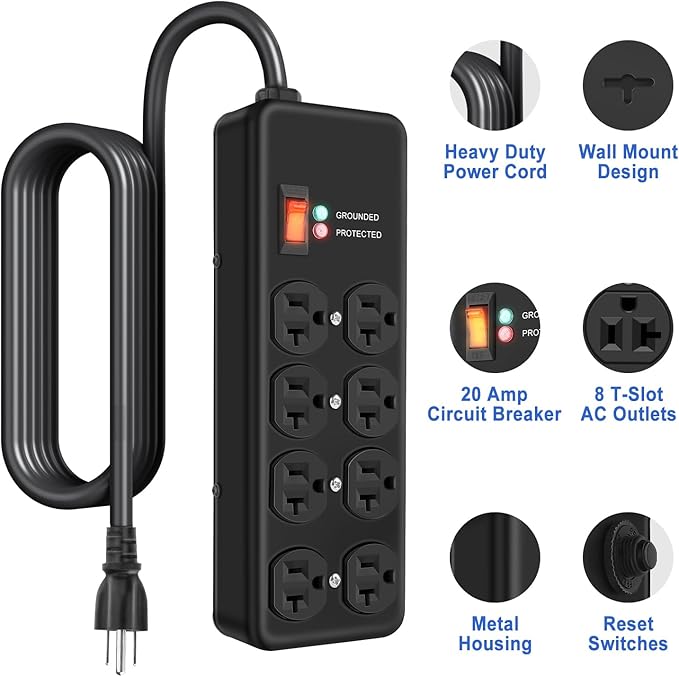 Heavy Duty Surge Protector 20Amp, Metal Power Strip
