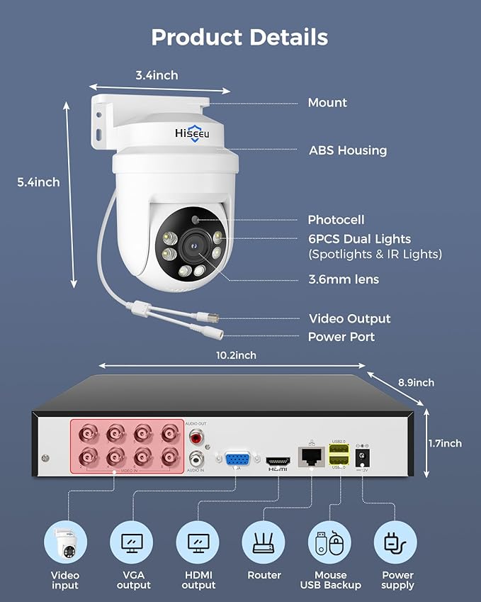 Hiseeu 3K PTZ Wired Security Camera System Outdoor (8PCS)