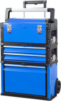 Stackable Rolling Tool Box Portable Metal Toolbox Organizer with Wheels and 2 Drawers Separate Rolling Upright Trolley Tool Chest for Garage or Workshop, Blue
