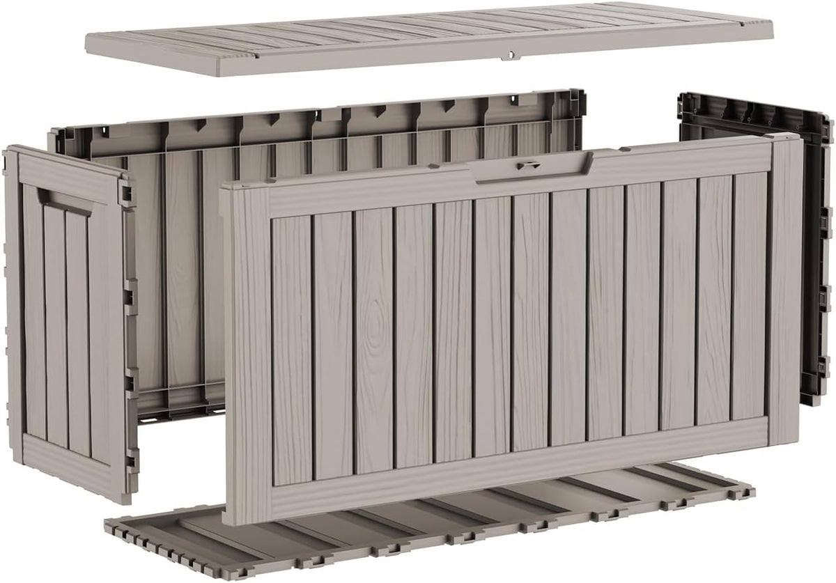 80 gallon deck box, waterproof resin outdoor storage on a desk or shelf