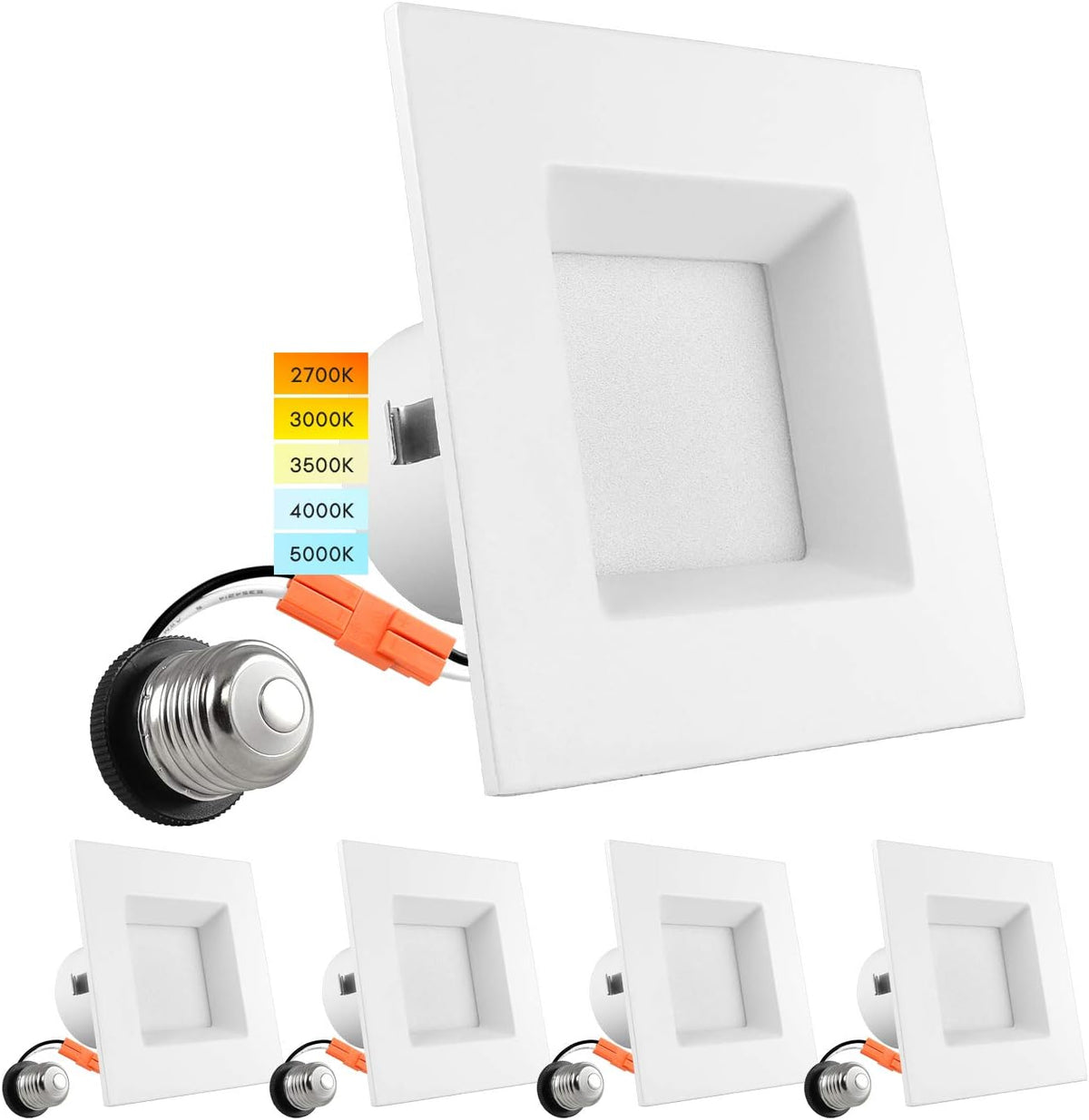 LUXRITE 4 Inch Square Recessed LED Can Lights, CCT Color Temperature Selectable (4 Pack)