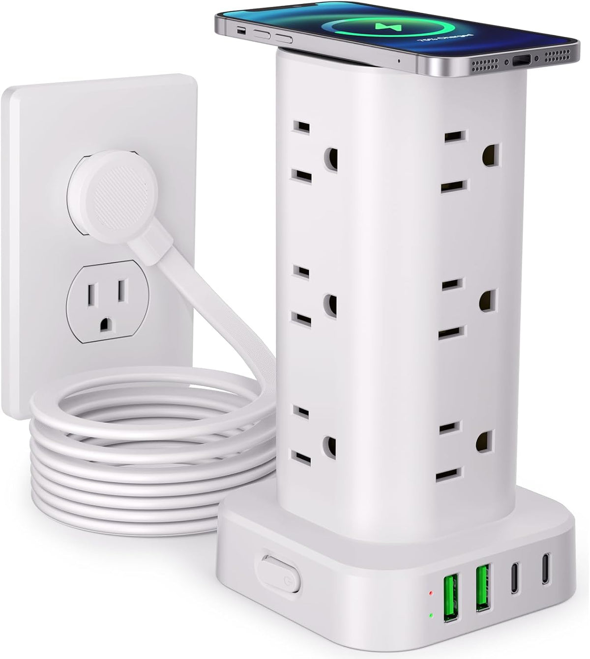Power Strip with Wireless Charger, Flat Plug Surge Protector with 10FT