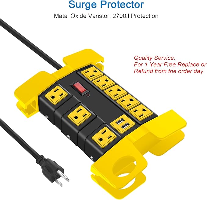 Heavy Duty Power Strip with USB, Workshop 8 Outlet Surge Protector 2700 Joules