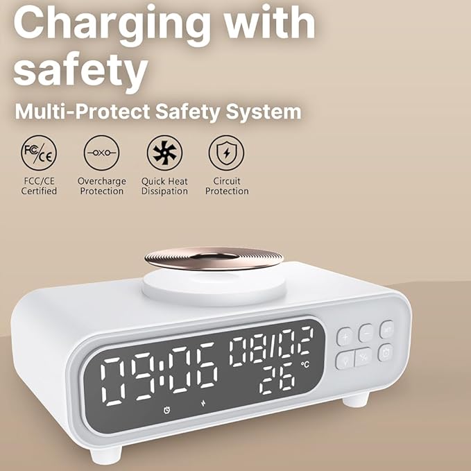 IHAO 5in1 Alarm Clock with Wireless Charging Night Light 15W Fast Charger