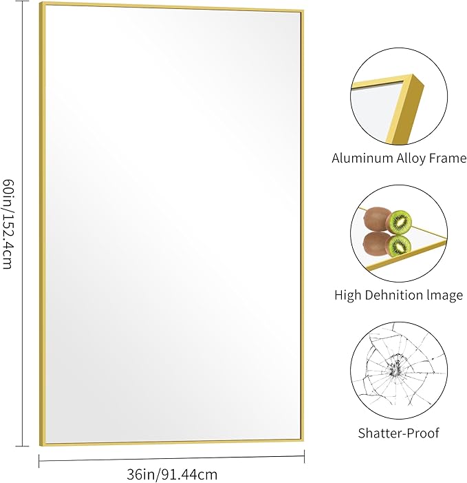 Gold Bathroom Mirror for Wall, 60x36 Inch Rectangle Mirrors
