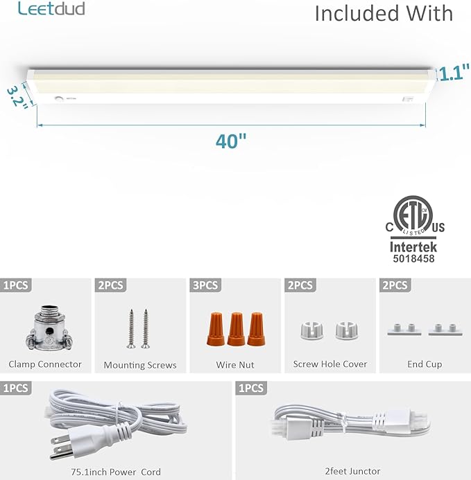 Leetdud Under Cabinet Lighting Plug in or Hardwired Built-in Dimmer, 40 Inch 20W