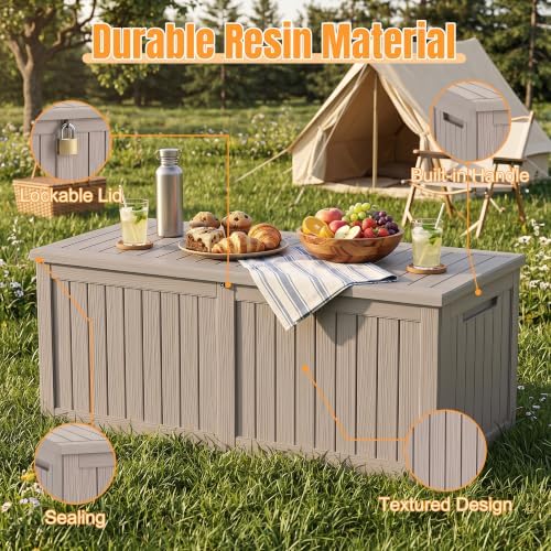 Outdoor Storage Box, 370 Gallon Waterproof Resin Deck Box with Support Rod