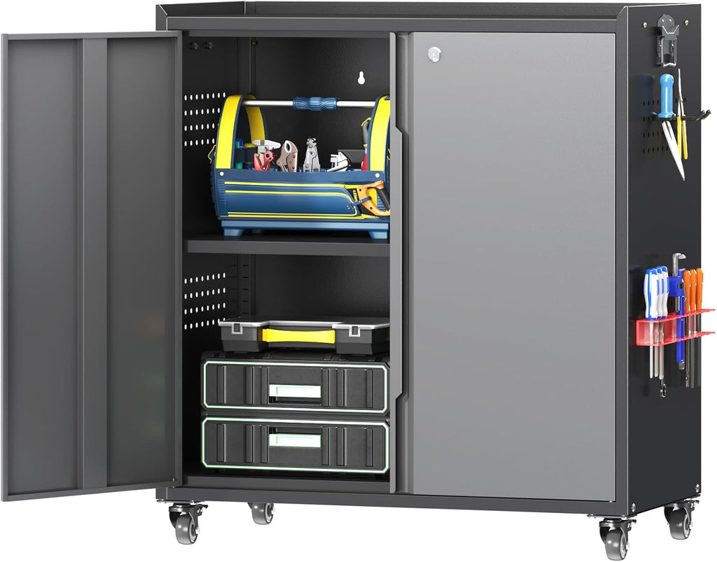Metal Garage Storage Cabinet with Wheels, Adjustable Rolling Tool Storage Cabinet with Lock, 34" Steel Locking Tool Cabinet with Doors and Shelves for Garage, Warehouse (Black&Gray, 34.3" H)