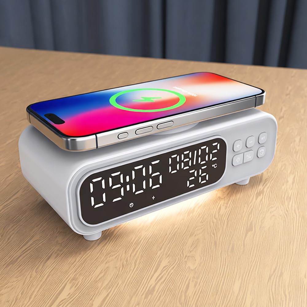 IHAO 5in1 Alarm Clock with Wireless Charging Night Light 15W Fast Charger