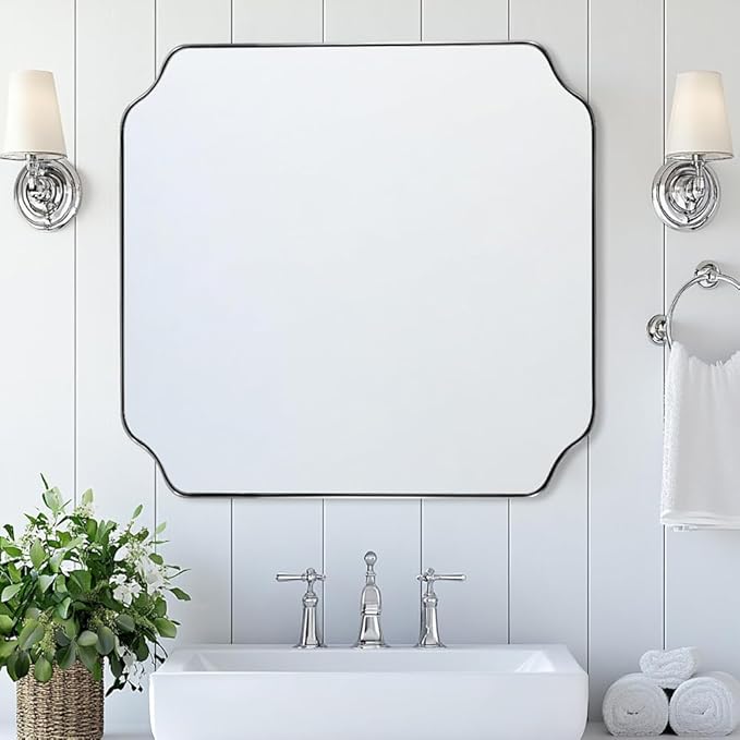 ANDY STAR 30"x30" Chrome Square Mirror, Polished Nickel Scalloped Bathroom
