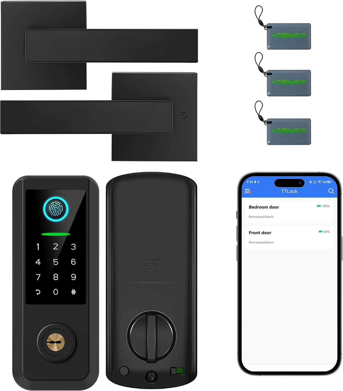 Keyless Entry Door Lock with Handle Set,Smart Front Door Lock with Keypad Set,Keyless Entry Digital Deadbolt,Smart Deadbolt with Auto Lock,App Control, Matte Black