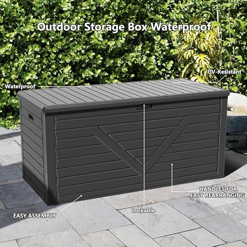 260 Gallon PRO Outdoor Storage Box Waterproof Lockable Resin Deck Box Large, Patio Storage Bin for Pool Accessories Cushion Furniture, Garden Tools, UV-Resistant Outside Delivery Black