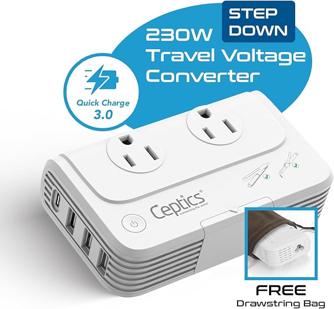 Ceptics European Travel Voltage Converter, 200W Adapter