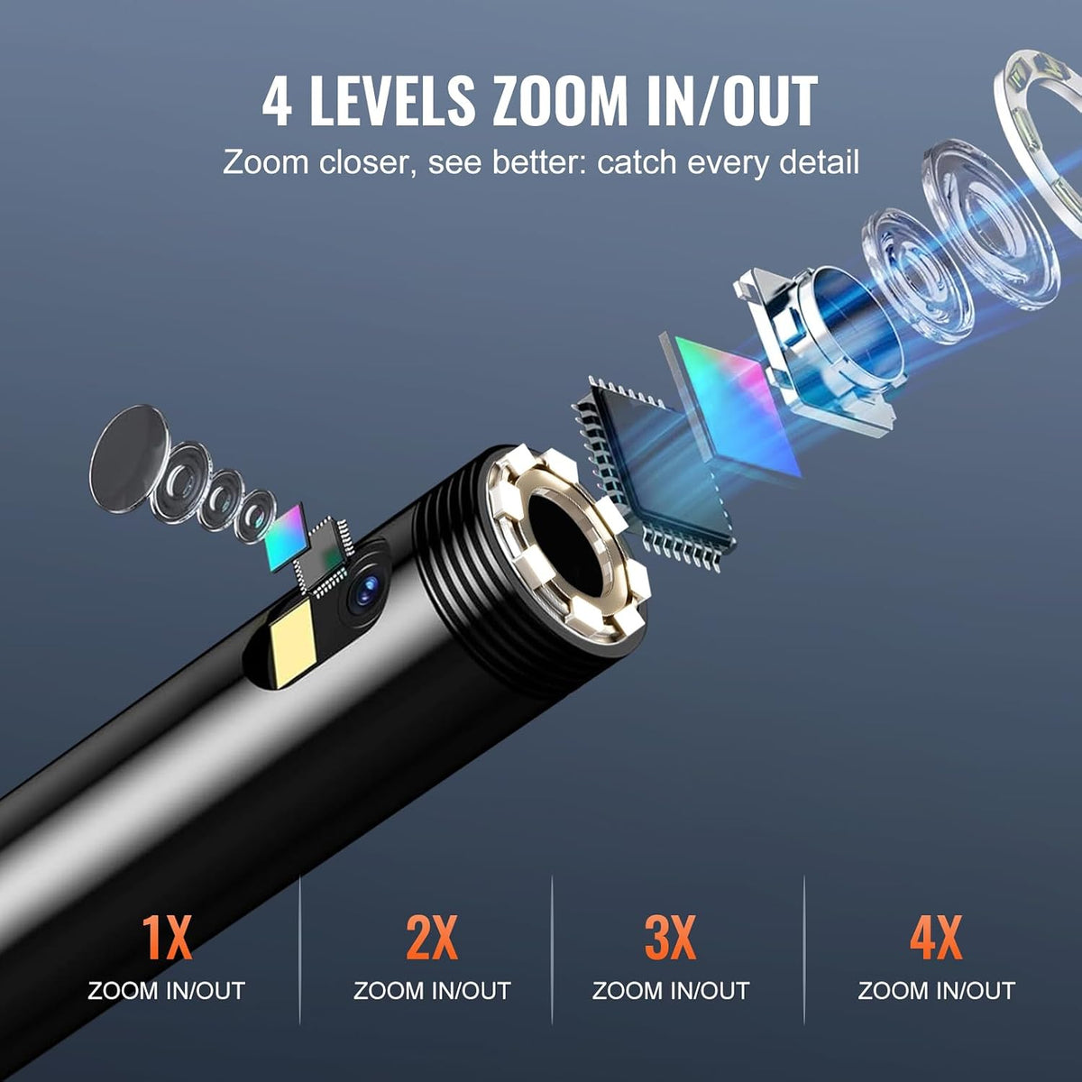 vevor endoscope camera with light, dual lens industrial, side view