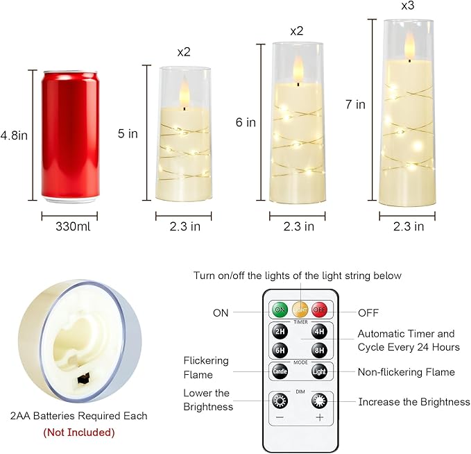 Raycare Flameless Candle with Remote Timer, 7 Flickering Acrylic Battery Operated LED Pillar Candles with Embedded Star String for Halloween, Home Decor, and as a Gift(Ivory) (7 Pack)