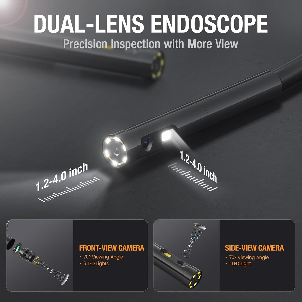 teslong 5mm dual lens borescope camera for home/automotive/pipe/car/wall, side view