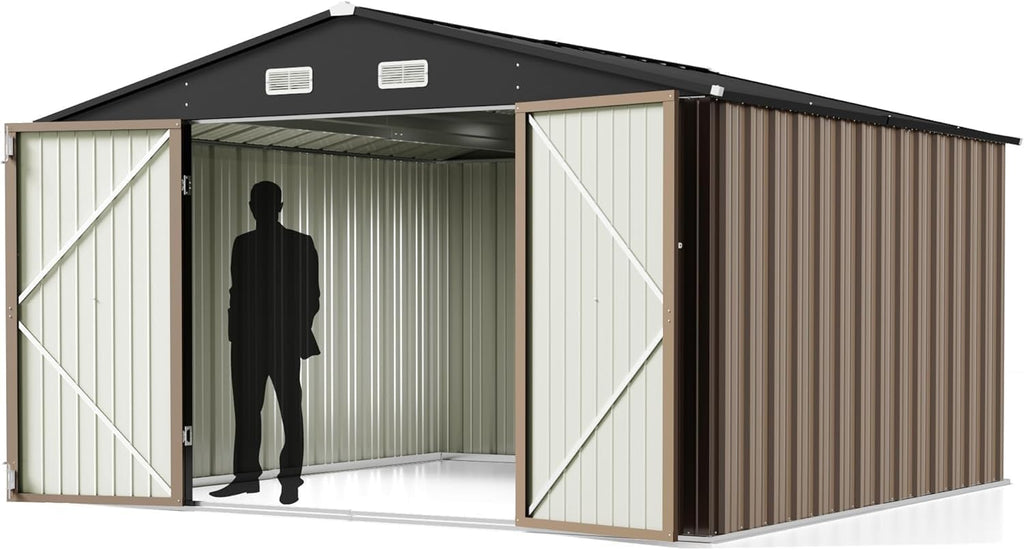 Greesum 10 x 10 FT Metal Outdoor Storage Shed, Brown