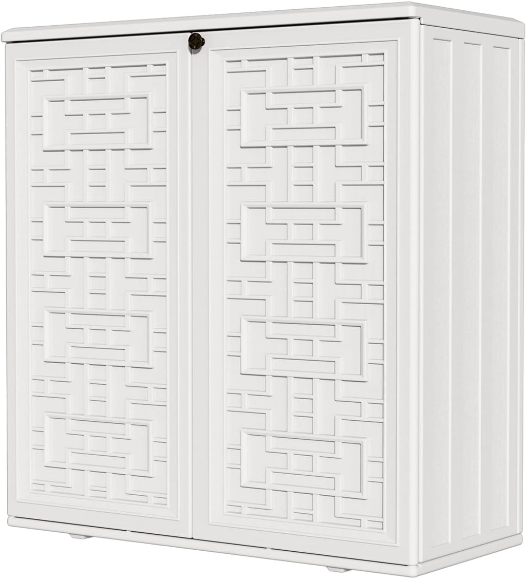 HOMSPARK Indoor/Outdoor Storage Cabinet with Doors and Shelf, 34”x15”x36” HDPE Plastic Storage Box Waterproof for Patio, Garden, Balcony, Multi-Purpose for Daily Tools, White