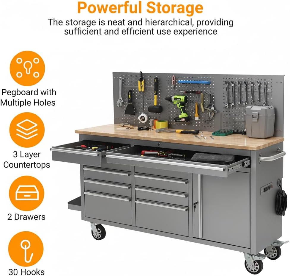 garvee 61-inch rolling tool chest, 10 drawers garage showing dimensions
