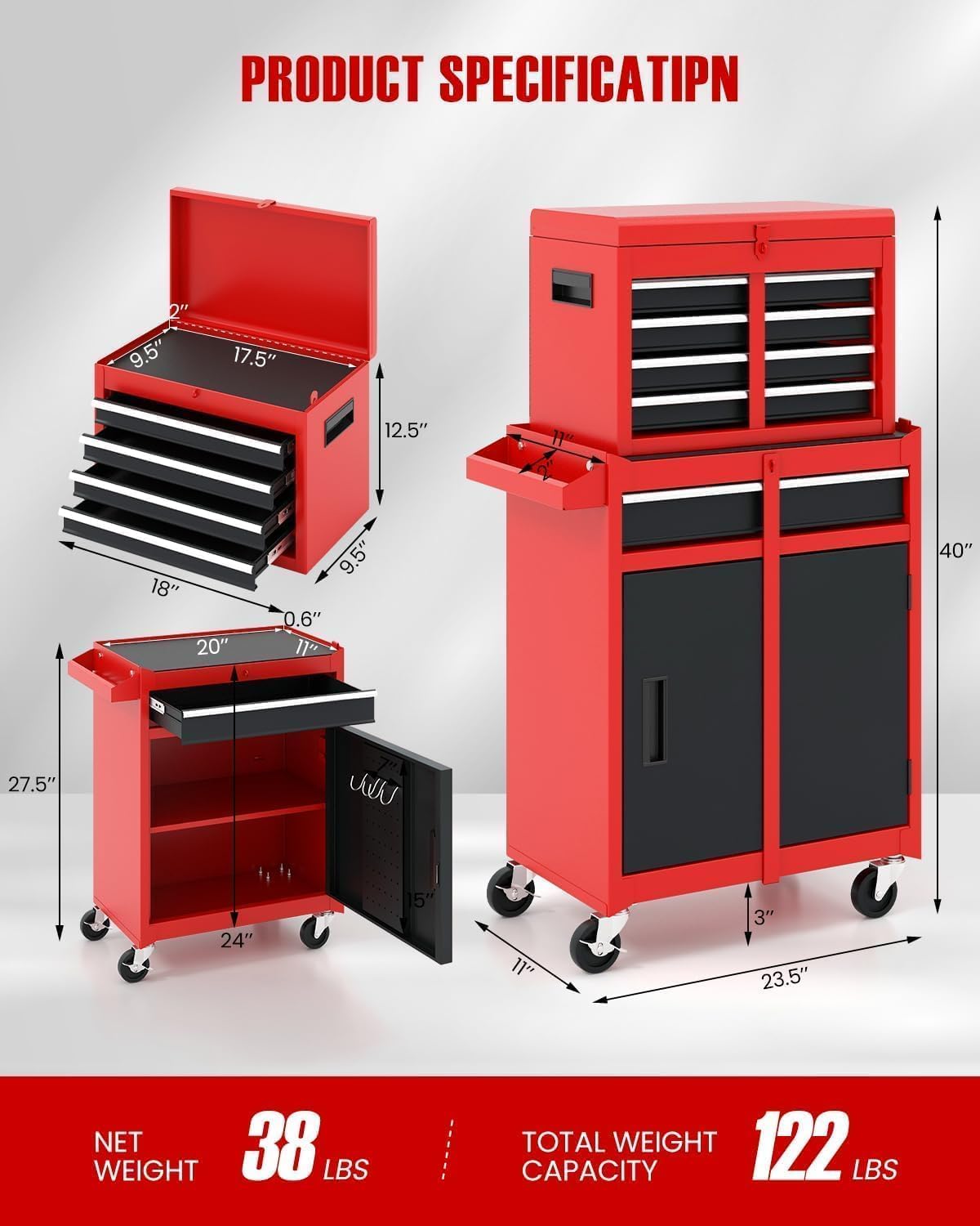 arnot 2-in-1 rolling tool chest with 5 drawers shown in use