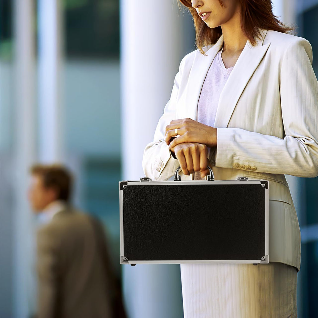black aluminum briefcase with latch, metal hard case shown in use