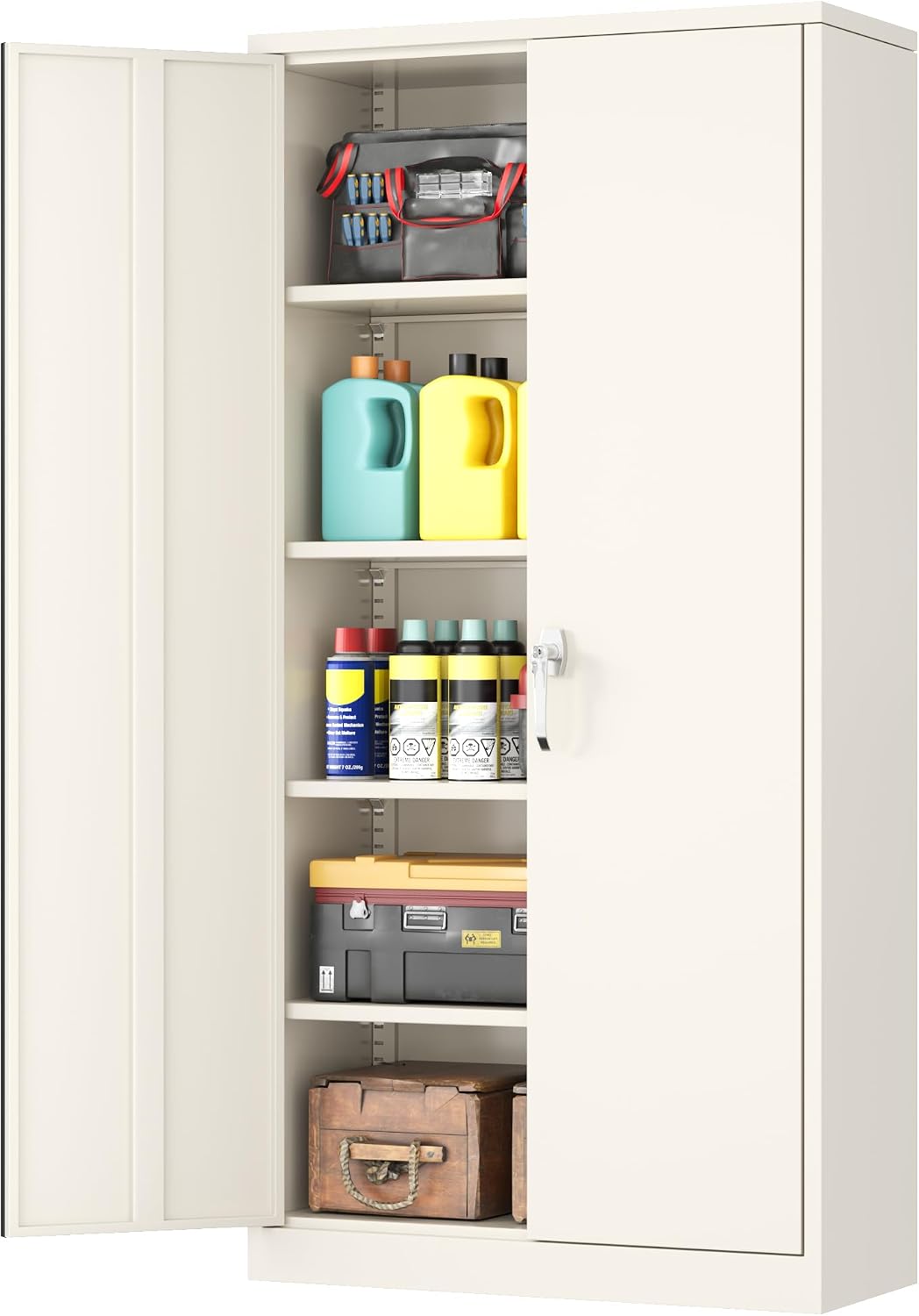 INTERGREAT Metal Garage Storage Cabinet with Lock, 72" Storage Cabinet with Locking Doors and 4 Adjustable Shelves, Lockable Steel Tool Cabinet for Home Office, School, Cream Grey