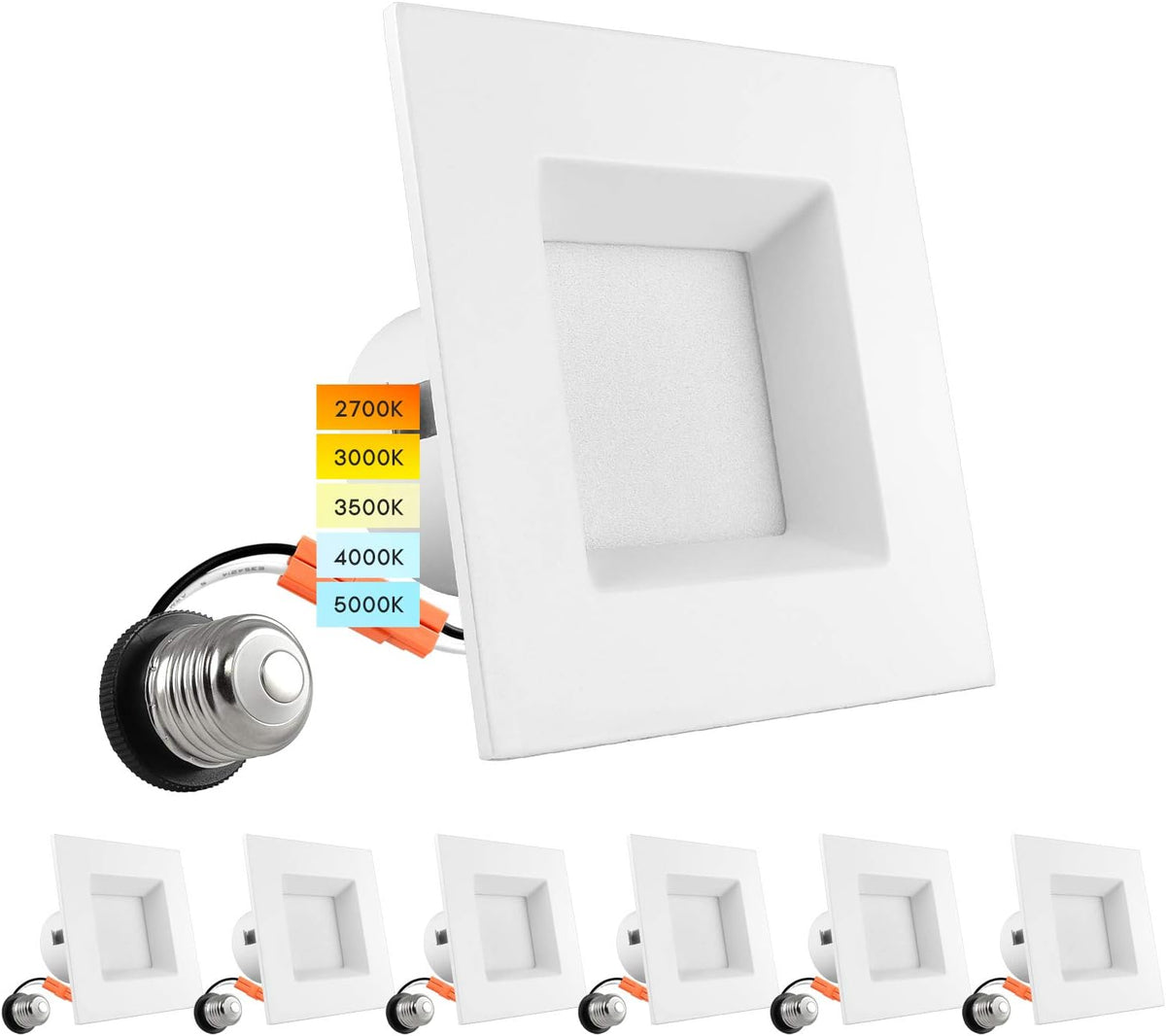 LUXRITE 4 Inch Square Recessed LED Can Lights, CCT Color Temperature Selectable (6 Pack)