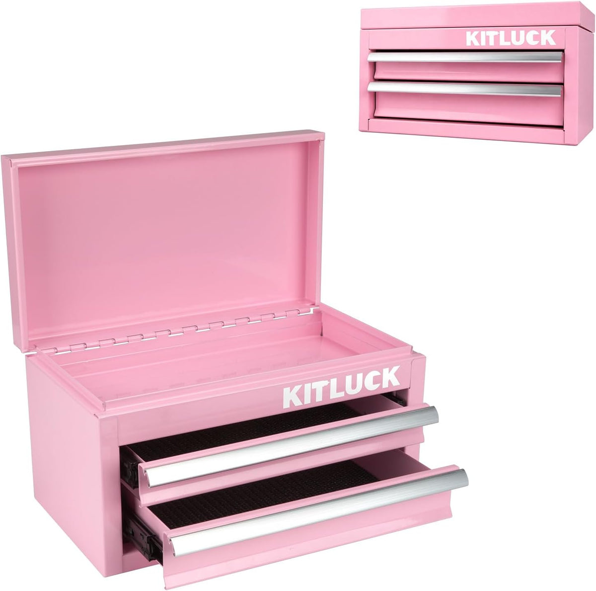 KITLUCK Mini Metal Tool Box, 2-Drawer Top Chest with Ball Bearing Slides, PVC Liners, Durable Cold Rolled Steel Small Tool Organizer for DIY Home Office Multi-Purpose Storage,Pink