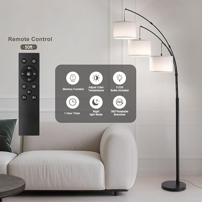 Fansdrick Floor lamp with Remote, 3 Light Arc Floor Lamps
