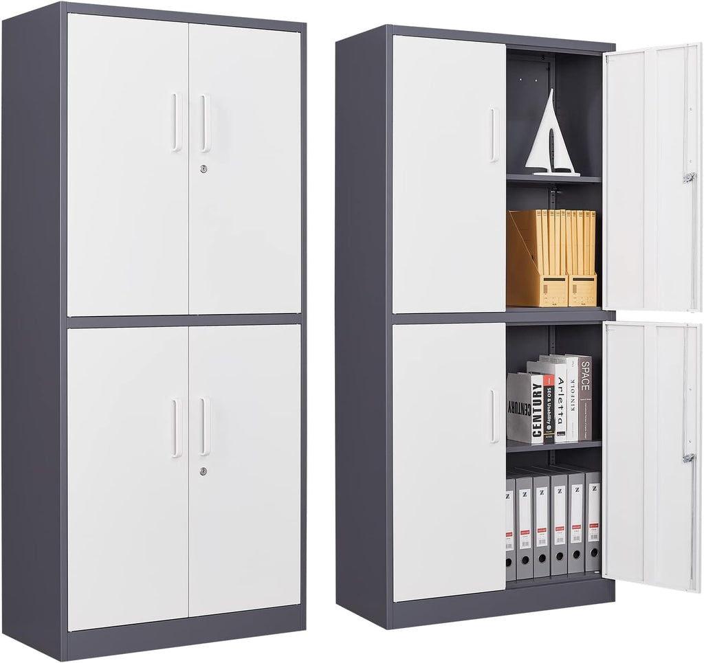 PEUKC Metal Storage Cabinet with Adjustable Shelves & Locking Doors, Tool Cabinets for Garage, Office, Home, School, Gym Storage (White Grey, 31.5" W x 15.7" D x 71" H - C)