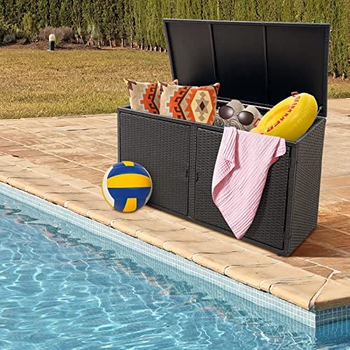 HAPPYGRILL Deck Box Outdoor Wicker Storage Box Cabinet, 88 Gallon Patio Rattan Storage Container Bin Box for Furniture Tools in Garden Balcony Porch Yard