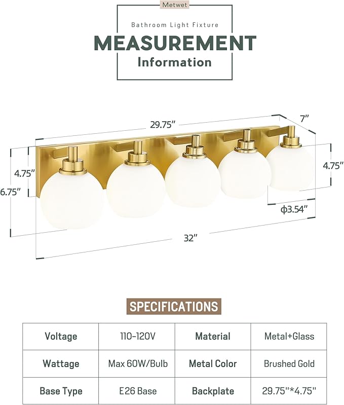 METWET Bathroom Light Fixtures, 5-Light Brushed Gold Bathroom Vanity Lights