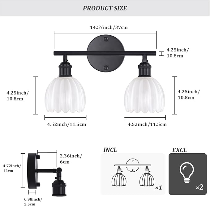 Shenmoyl Bathroom Light Fixtures, 2-Light Black Vanity Wall Light Over Mirror