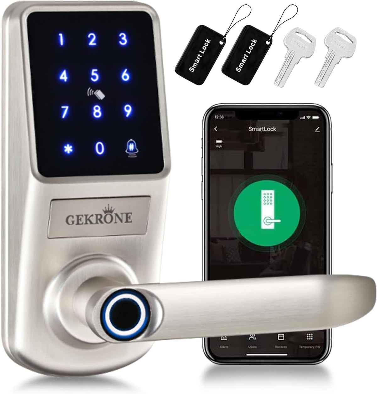 Smart Fingerprint Lock with Lever Handle, Keypad Touchscreen Keyless Entry Front Door Knob, APP Control Biometric Electronic Digital Deadbolt Set