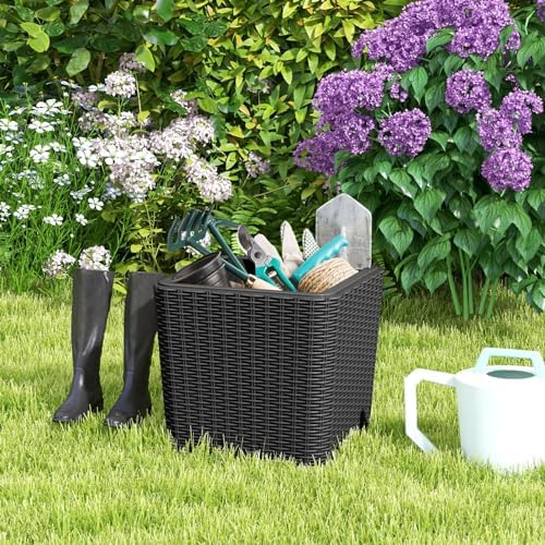 GIANTEX 11.5 Gallon Deck Box, Outdoor Side Table with Removable Lid, Faux Wicker-Woven, 330Lbs Capacity, Outside Waterproof Storage Box, Resin Rattan Small Coffee Table for Patio Poolside (Black)
