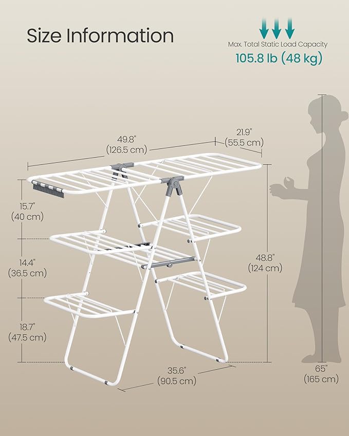 SONGMICS Clothes Drying Rack, Foldable 3-Level Laundry Rack, Free-Standing