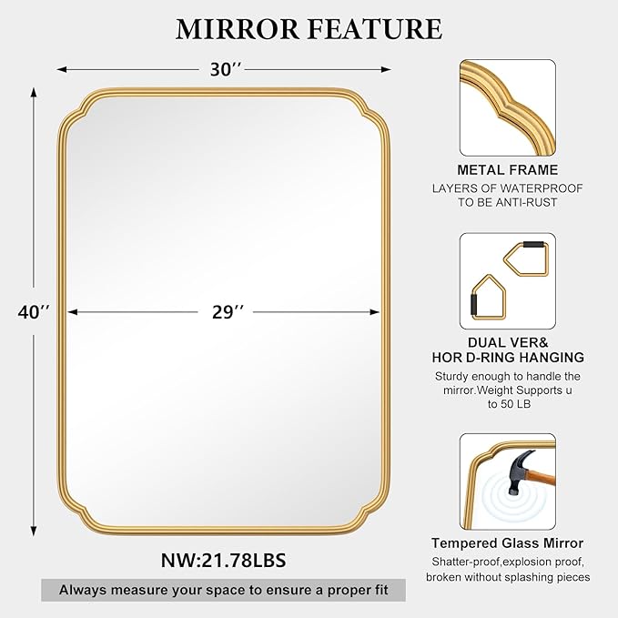 30" x 40"Gold Bathroom Mirror for Over Sink, Modern Rounded Corner Rectangle